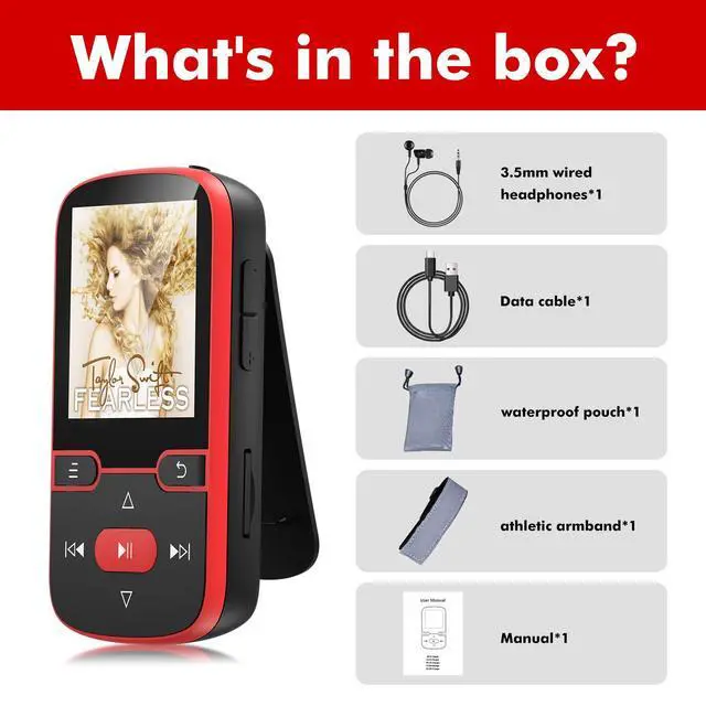 Alt view image 7 of 7 - 64GB MP3 Player Bluetooth 5.3 with Clip, HiFi Sport Music Player, 1.5 Inch Screen MP3 Player for Kids with Physical Buttons, FM Radio/Pedometer/Voice Recorder, Weighs Only 28g, TF Card Up to 128G(Red)