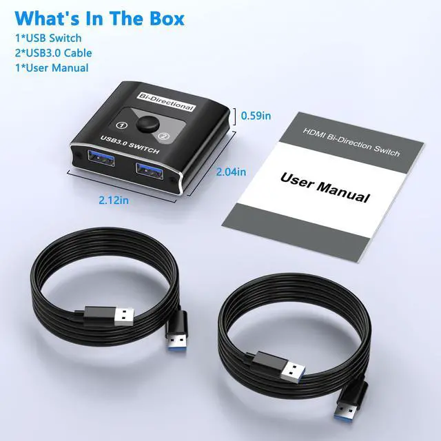 Alt view image 7 of 7 - USB 3.0 Switch, Bi-Directional USB Switcher USB Splitter 1 in 2 Out/2 in 1 Out with 2 USB3.0 Cables, Aluminum USB Switcher 2 Computers Share Keyboard Mouse Printer, USB Splitter for Laptop