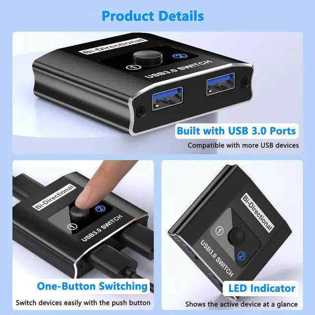 Alt view image 6 of 7 - USB 3.0 Switch, Bi-Directional USB Switcher USB Splitter 1 in 2 Out/2 in 1 Out with 2 USB3.0 Cables, Aluminum USB Switcher 2 Computers Share Keyboard Mouse Printer, USB Splitter for Laptop