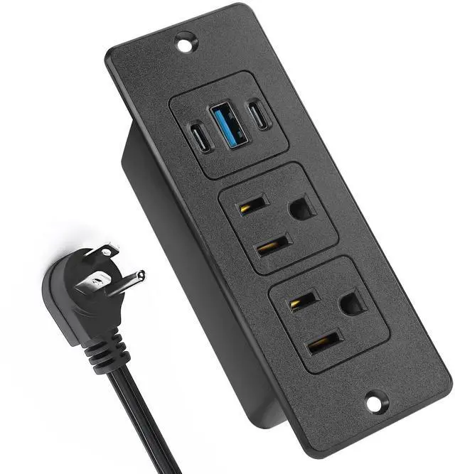Main image of Recessed Power Strip USB, 20W Fast Charging Furniture Outlet - 2 AC & 3 USB (2 USB-C + 1 USB-A) for Desk, Bedside, Drawer, Conference Table - Space-Saving, Easy Install, 10FT Cord, Black