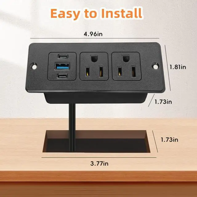 Alt view image 2 of 7 - Recessed Power Strip USB, 20W Fast Charging Furniture Outlet - 2 AC & 3 USB (2 USB-C + 1 USB-A) for Desk, Bedside, Drawer, Conference Table - Space-Saving, Easy Install, 10FT Cord, Black