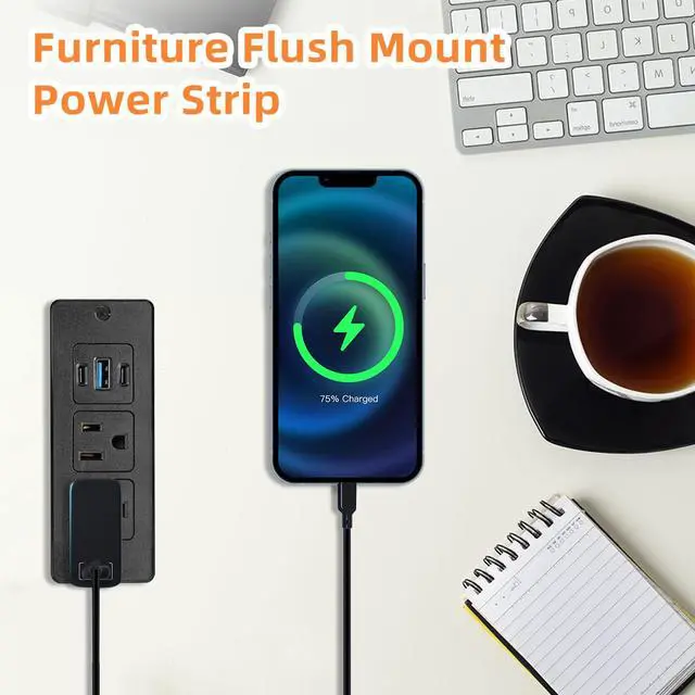 Alt view image 5 of 7 - Recessed Power Strip USB, 20W Fast Charging Furniture Outlet - 2 AC & 3 USB (2 USB-C + 1 USB-A) for Desk, Bedside, Drawer, Conference Table - Space-Saving, Easy Install, 10FT Cord, Black