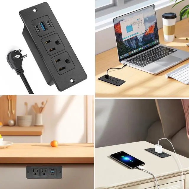 Alt view image 7 of 7 - Recessed Power Strip USB, 20W Fast Charging Furniture Outlet - 2 AC & 3 USB (2 USB-C + 1 USB-A) for Desk, Bedside, Drawer, Conference Table - Space-Saving, Easy Install, 10FT Cord, Black