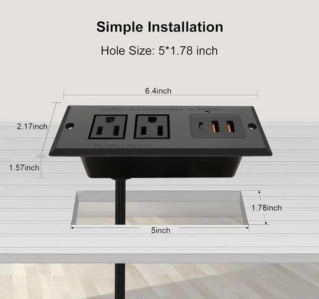 Alt view image 2 of 6 - Recessed Power Strip with 20W USB-C Desktop Charge Station with 3 Fast Charging USB Ports Flush Mount Furniture Outlet for Conference Table Nightstand Cabinet, ETL Certified