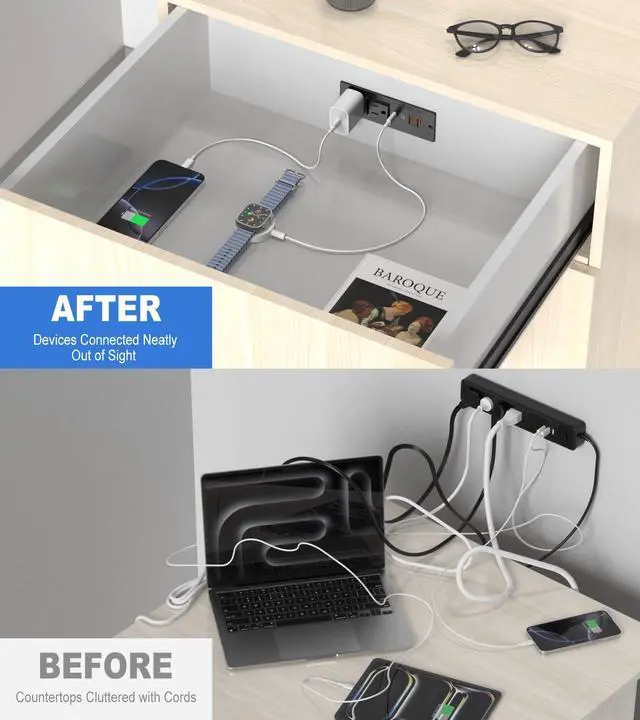 Alt view image 3 of 7 - 30W Furniture Drawer Outlet Kit, Recessed Outlet with 4 USB Ports & 2 AC Outlets, Recessed Power Strip for Home, Office,14 AWG-5FT Spring Cord