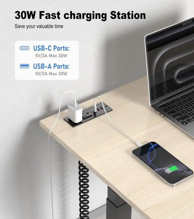 Alt view image 4 of 7 - 30W Furniture Drawer Outlet Kit, Recessed Outlet with 4 USB Ports & 2 AC Outlets, Recessed Power Strip for Home, Office,14 AWG-5FT Spring Cord