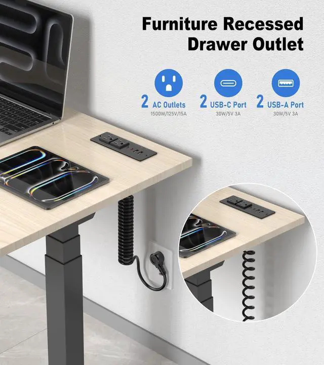 Alt view image 2 of 7 - 30W Furniture Drawer Outlet Kit, Recessed Outlet with 4 USB Ports & 2 AC Outlets, Recessed Power Strip for Home, Office,14 AWG-5FT Spring Cord