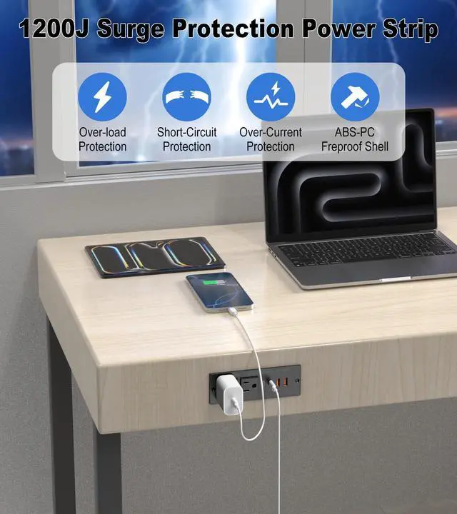 Alt view image 5 of 7 - 30W Furniture Drawer Outlet Kit, Recessed Outlet with 4 USB Ports & 2 AC Outlets, Recessed Power Strip for Home, Office,14 AWG-5FT Spring Cord
