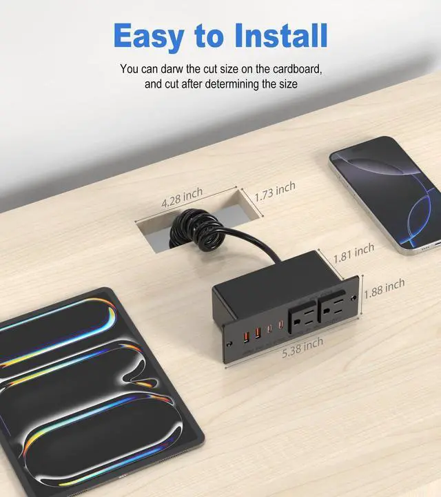 Alt view image 7 of 7 - 30W Furniture Drawer Outlet Kit, Recessed Outlet with 4 USB Ports & 2 AC Outlets, Recessed Power Strip for Home, Office,14 AWG-5FT Spring Cord