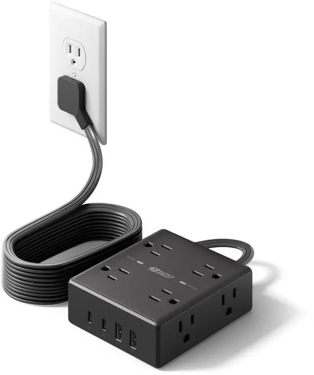 Main image of 10Ft Extension Cord with Multiple Outlets, Flat Plug Power Strip Surge Protector with 10 Ft Long Cord, 8 Outlet 4 USB Ports (2 USB C), Multi Outlet Wall Plug for Office, College, Dorm Room Essentials