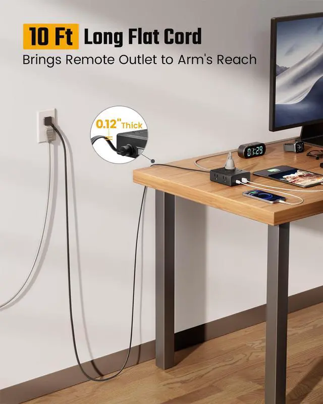 Alt view image 2 of 7 - 10Ft Extension Cord with Multiple Outlets, Flat Plug Power Strip Surge Protector with 10 Ft Long Cord, 8 Outlet 4 USB Ports (2 USB C), Multi Outlet Wall Plug for Office, College, Dorm Room Essentials