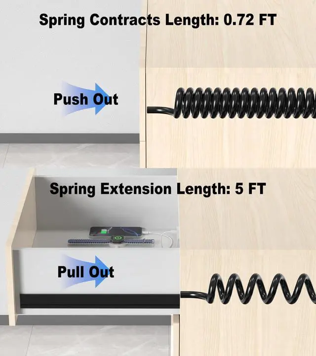 Alt view image 6 of 7 - 30W Furniture Drawer Outlet Kit, Recessed Outlet with 4 USB Ports & 2 AC Outlets, Recessed Power Strip for Home, Office,14 AWG-5FT Spring Cord