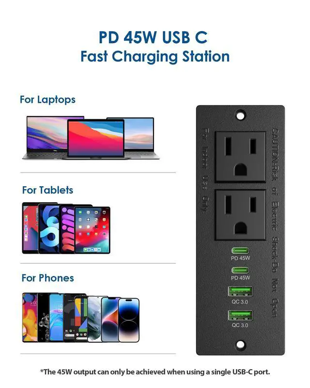 Alt view image 3 of 7 - 45W USB C Recessed Power Strip,Flush Mount Desk Recessed Outlet,Space-Saver for Furniture Side Table,2 USB-C &2 USB-A Ports,2 AC Outlets,6ft Cord,Ultra Thin Flat Plug