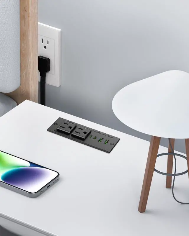 Alt view image 5 of 7 - 45W USB C Recessed Power Strip,Flush Mount Desk Recessed Outlet,Space-Saver for Furniture Side Table,2 USB-C &2 USB-A Ports,2 AC Outlets,6ft Cord,Ultra Thin Flat Plug
