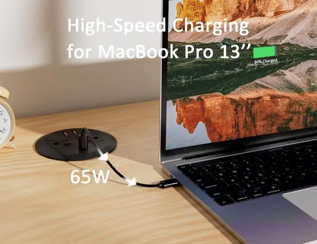 Alt view image 2 of 7 - 3 Inch Desktop Power Grommet,65W GaN USB C Fast Charging Station,3-USB Port,Flush Mounted for 3-1/8" Holes,Flat Plug.Round Recessed Desk Grommet Outlet for Workspace,Laptops,6.3ft,Black