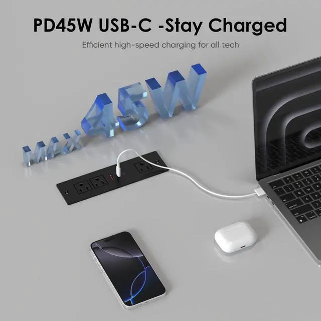 Alt view image 2 of 7 - 45W USB C Recessed Power Strip for Furniture Desktop Flush Mount 6FT | Recessed Power Outlet with 3 Outlets & 3 USB Ports, 800J Surge Protector for Furniture Drawer Conference Desk