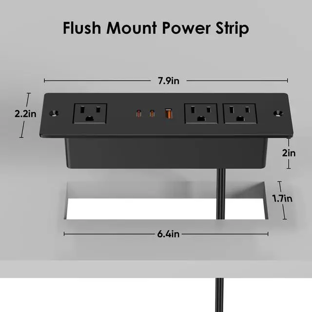 Alt view image 4 of 7 - 45W USB C Recessed Power Strip for Furniture Desktop Flush Mount 6FT | Recessed Power Outlet with 3 Outlets & 3 USB Ports, 800J Surge Protector for Furniture Drawer Conference Desk