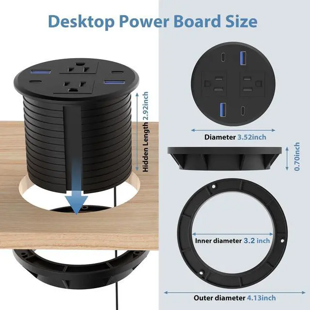 Alt view image 2 of 7 - Recessed Power Grommet with AC Outlets, 3.15inch Desktop Power Grommet Outlet,30W PD Fast Charge for Deskt - Flush-Mount Recessed Power Strip,Home and Workspace Essential Desk Outlet
