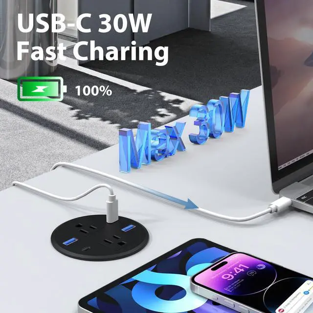 Alt view image 3 of 7 - Recessed Power Grommet with AC Outlets, 3.15inch Desktop Power Grommet Outlet,30W PD Fast Charge for Deskt - Flush-Mount Recessed Power Strip,Home and Workspace Essential Desk Outlet