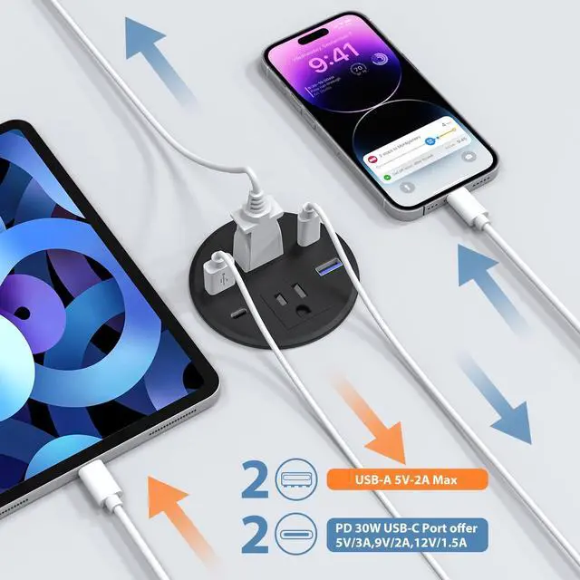 Alt view image 4 of 7 - Recessed Power Grommet with AC Outlets, 3.15inch Desktop Power Grommet Outlet,30W PD Fast Charge for Deskt - Flush-Mount Recessed Power Strip,Home and Workspace Essential Desk Outlet