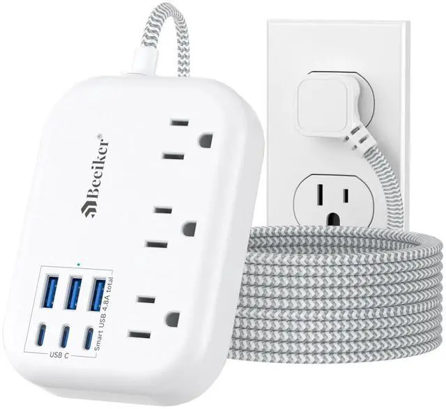 Main image of 6 USB(3 USB C) Surge Protector Power Strip- Extension Cord 10 Ft with 24W USB Charging Station and 3 Outlets, Flat Plug Long Braided Extension Cord with Multiple Outlets for Home Office College Dorm