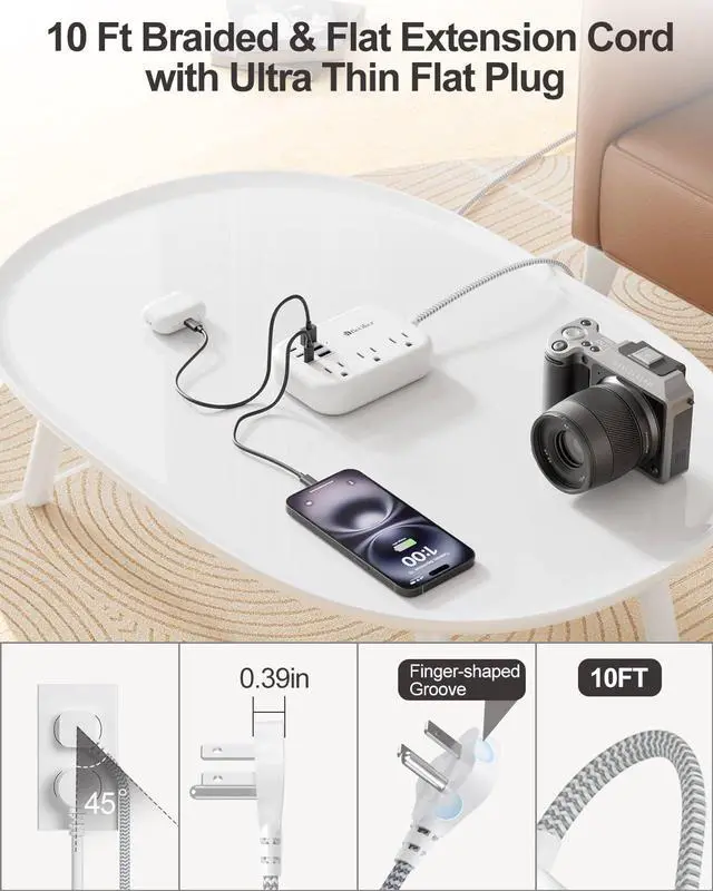 Alt view image 3 of 7 - 6 USB(3 USB C) Surge Protector Power Strip- Extension Cord 10 Ft with 24W USB Charging Station and 3 Outlets, Flat Plug Long Braided Extension Cord with Multiple Outlets for Home Office College Dorm