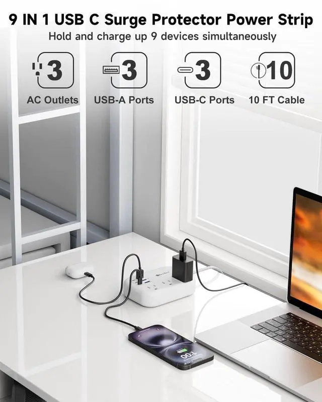 Alt view image 4 of 7 - 6 USB(3 USB C) Surge Protector Power Strip- Extension Cord 10 Ft with 24W USB Charging Station and 3 Outlets, Flat Plug Long Braided Extension Cord with Multiple Outlets for Home Office College Dorm