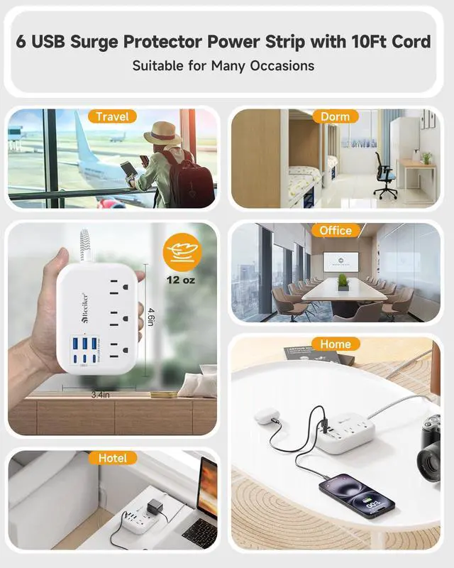 Alt view image 6 of 7 - 6 USB(3 USB C) Surge Protector Power Strip- Extension Cord 10 Ft with 24W USB Charging Station and 3 Outlets, Flat Plug Long Braided Extension Cord with Multiple Outlets for Home Office College Dorm