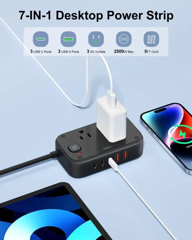 Alt view image 2 of 7 - Power Strip with USB C - 40W Charging Station with 2 Outlets 3 USB C & 2 USB A - Charger for Multiple Devices, 5Ft Flat Plug Extension Cord for Travel Cruise Ship Office Dorm (Black)