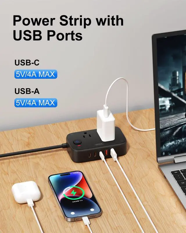 Alt view image 3 of 7 - Power Strip with USB C - 40W Charging Station with 2 Outlets 3 USB C & 2 USB A - Charger for Multiple Devices, 5Ft Flat Plug Extension Cord for Travel Cruise Ship Office Dorm (Black)