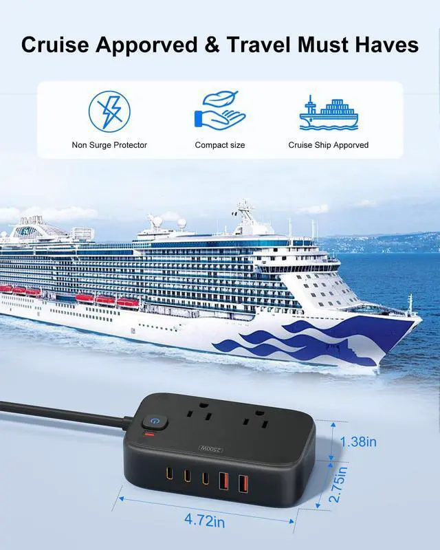 Alt view image 7 of 7 - Power Strip with USB C - 40W Charging Station with 2 Outlets 3 USB C & 2 USB A - Charger for Multiple Devices, 5Ft Flat Plug Extension Cord for Travel Cruise Ship Office Dorm (Black)