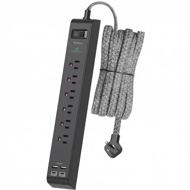 Main image of Surge Protector Power Strip 10FT, 10-in-1 with 6 AC Outlets 4 USB Ports(2 USB-C), Ultra Flat Plug Braided Extension Cord, Wall Mountable, 1080J Surge Protection, ETL Listed, Black
