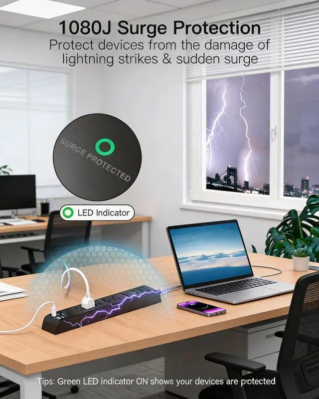 Alt view image 3 of 7 - Surge Protector Power Strip 10FT, 10-in-1 with 6 AC Outlets 4 USB Ports(2 USB-C), Ultra Flat Plug Braided Extension Cord, Wall Mountable, 1080J Surge Protection, ETL Listed, Black