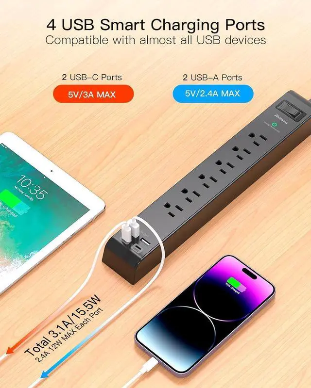 Alt view image 4 of 7 - Surge Protector Power Strip 10FT, 10-in-1 with 6 AC Outlets 4 USB Ports(2 USB-C), Ultra Flat Plug Braided Extension Cord, Wall Mountable, 1080J Surge Protection, ETL Listed, Black