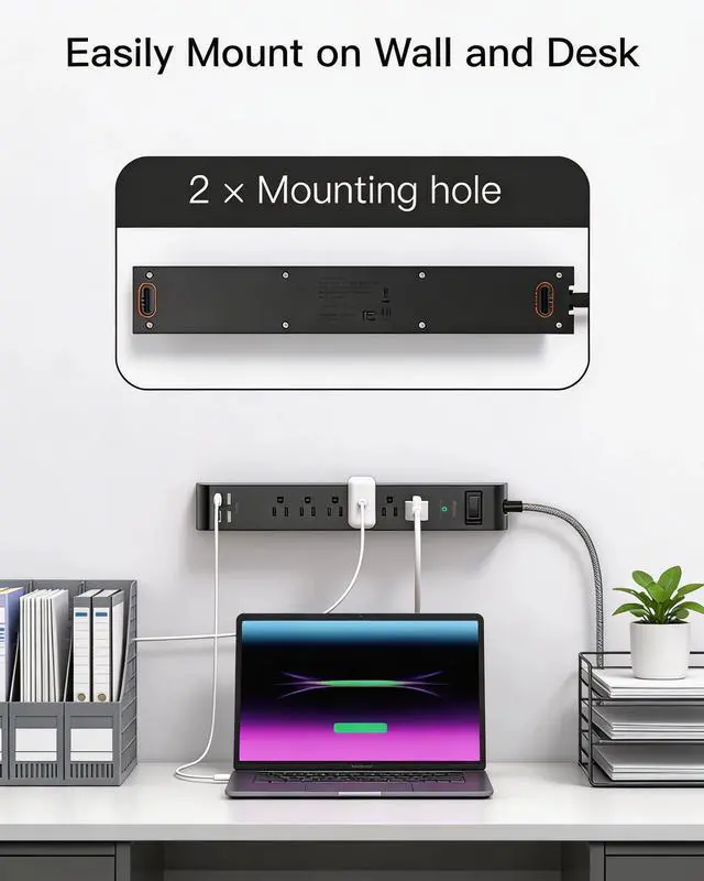 Alt view image 6 of 7 - Surge Protector Power Strip 10FT, 10-in-1 with 6 AC Outlets 4 USB Ports(2 USB-C), Ultra Flat Plug Braided Extension Cord, Wall Mountable, 1080J Surge Protection, ETL Listed, Black