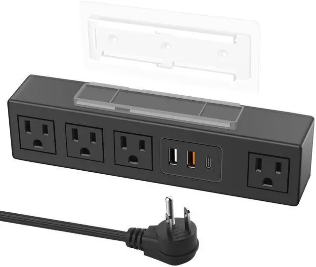 Main image of Under Desk Power Strip with 3M Adhesive, Removable Under Desktop Mount Plug with Fast Charging USB C and USB A Ports, 4 Outlet Under Table Surge Protector 1200J, 10FT Extension Cord. (Black)