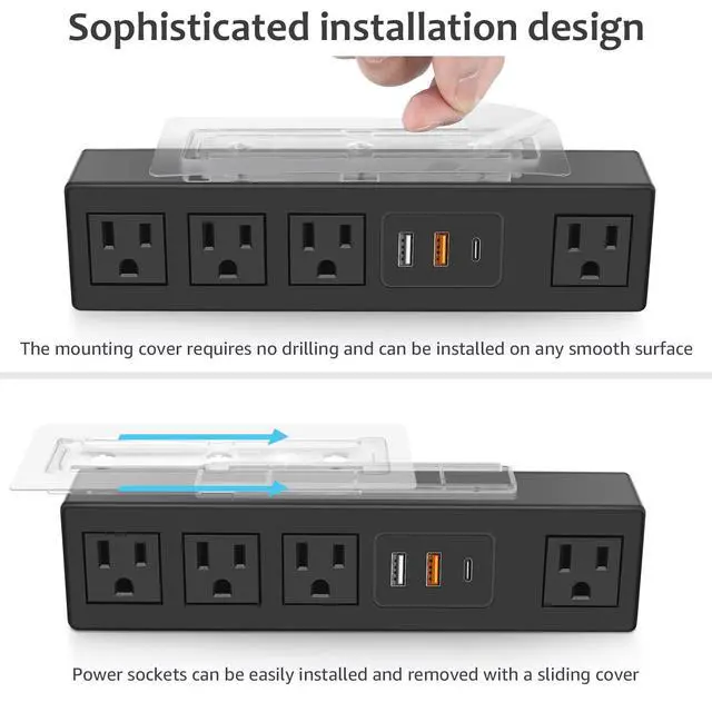 Alt view image 5 of 7 - Under Desk Power Strip with 3M Adhesive, Removable Under Desktop Mount Plug with Fast Charging USB C and USB A Ports, 4 Outlet Under Table Surge Protector 1200J, 10FT Extension Cord. (Black)