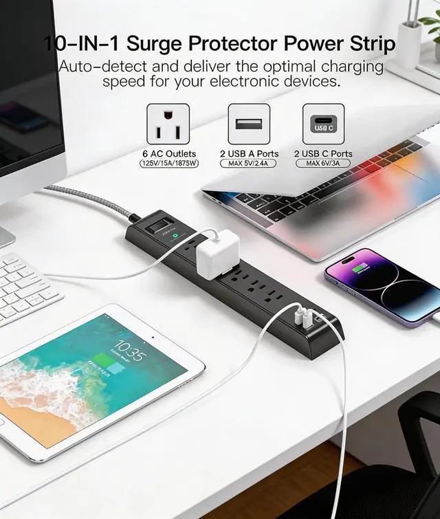 Alt view image 2 of 7 - Surge Protector Power Strip 10FT, 10-in-1 with 6 AC Outlets 4 USB Ports(2 USB-C), Ultra Flat Plug Braided Extension Cord, Wall Mountable, 1080J Surge Protection, ETL Listed, Black