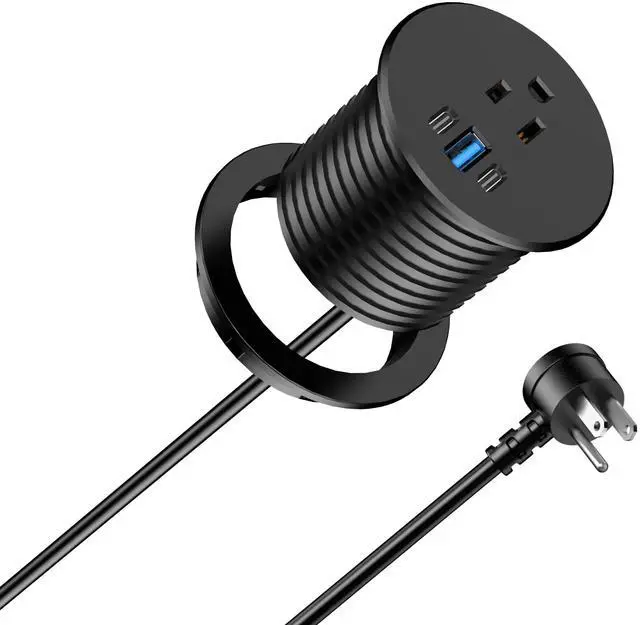 Main image of 2.5 inch Power Grommet,20W USB-C Charging,1 Outlet with 2 USB C,1 USB Port,Furniture Flush Mount for Desktop,Recessed Power Strip,Workspace Essential Desk Outlet (Black, 6 FT)