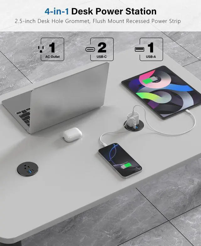 Alt view image 4 of 7 - 2.5 inch Power Grommet,20W USB-C Charging,1 Outlet with 2 USB C,1 USB Port,Furniture Flush Mount for Desktop,Recessed Power Strip,Workspace Essential Desk Outlet (Black, 6 FT)
