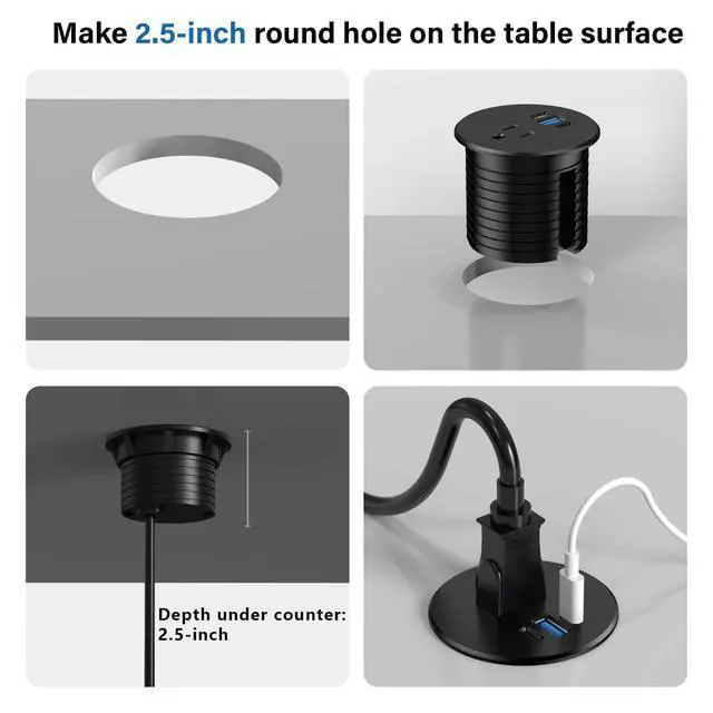 Alt view image 5 of 7 - 2.5 inch Power Grommet,20W USB-C Charging,1 Outlet with 2 USB C,1 USB Port,Furniture Flush Mount for Desktop,Recessed Power Strip,Workspace Essential Desk Outlet (Black, 6 FT)