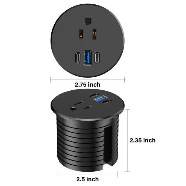 Alt view image 6 of 7 - 2.5 inch Power Grommet,20W USB-C Charging,1 Outlet with 2 USB C,1 USB Port,Furniture Flush Mount for Desktop,Recessed Power Strip,Workspace Essential Desk Outlet (Black, 6 FT)