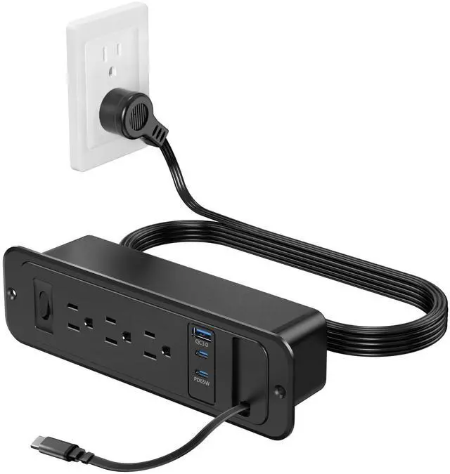 Main image of Recessed Power Strip with Retractable USB C Cable,2 PD 65W USB C Fast Charging,Flush Mount Countertop Drawer Outlet, Furniture Hidden Outlet for Side Table,End Table,3 Outlets (Black, 6FT-65W)