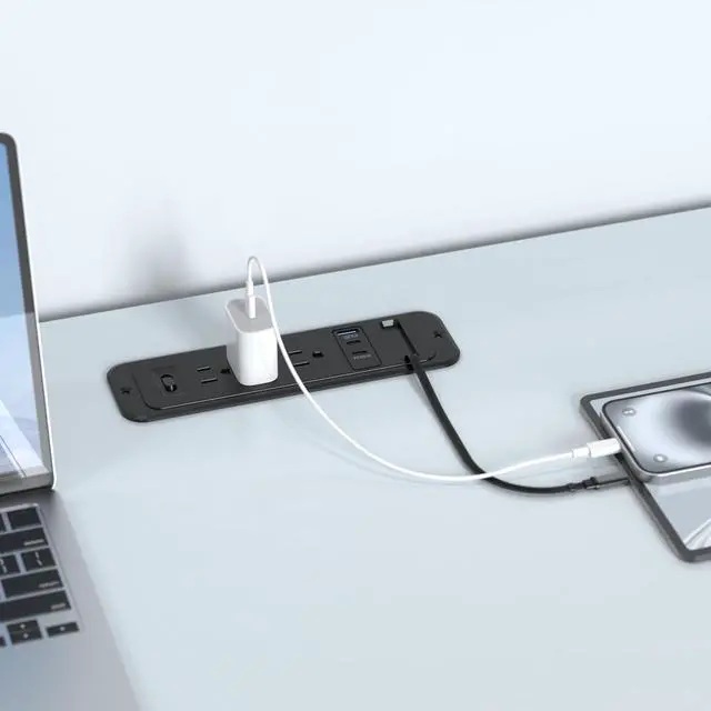 Alt view image 7 of 7 - Recessed Power Strip with Retractable USB C Cable,2 PD 65W USB C Fast Charging,Flush Mount Countertop Drawer Outlet, Furniture Hidden Outlet for Side Table,End Table,3 Outlets (Black, 6FT-65W)