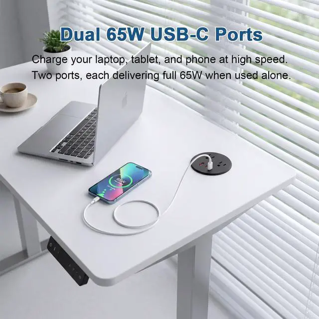 Alt view image 2 of 7 - Desk Power Grommet, Recessed Power Strip with 2 AC Outlets, 2X 65W USB-C & 20W USB-A, 3" Cutout, 6.56FT Cord Ideal for Desks, Counters & Workspaces