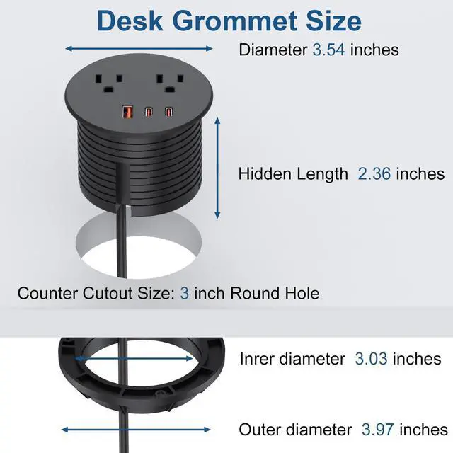 Alt view image 4 of 7 - Desk Power Grommet, Recessed Power Strip with 2 AC Outlets, 2X 65W USB-C & 20W USB-A, 3" Cutout, 6.56FT Cord Ideal for Desks, Counters & Workspaces