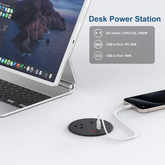 Alt view image 5 of 7 - Desk Power Grommet, Recessed Power Strip with 2 AC Outlets, 2X 65W USB-C & 20W USB-A, 3" Cutout, 6.56FT Cord Ideal for Desks, Counters & Workspaces