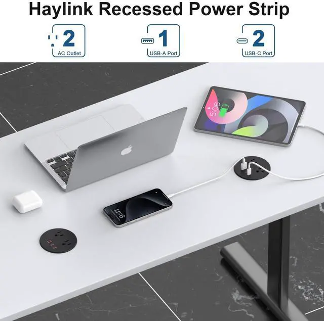 Alt view image 3 of 7 - Desk Power Grommet, Recessed Power Strip with 2 AC Outlets, 2X 65W USB-C & 20W USB-A, 3" Cutout, 6.56FT Cord Ideal for Desks, Counters & Workspaces