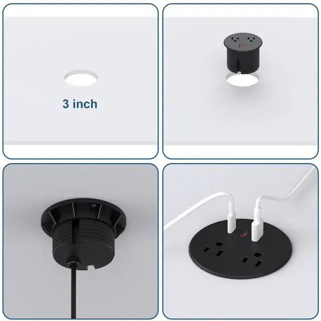 Alt view image 6 of 7 - Desk Power Grommet, Recessed Power Strip with 2 AC Outlets, 2X 65W USB-C & 20W USB-A, 3" Cutout, 6.56FT Cord Ideal for Desks, Counters & Workspaces