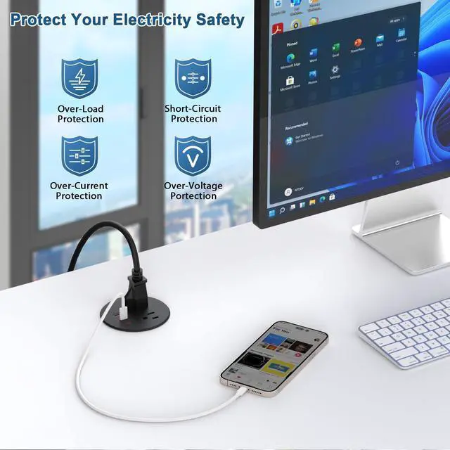 Alt view image 7 of 7 - Desk Power Grommet, Recessed Power Strip with 2 AC Outlets, 2X 65W USB-C & 20W USB-A, 3" Cutout, 6.56FT Cord Ideal for Desks, Counters & Workspaces